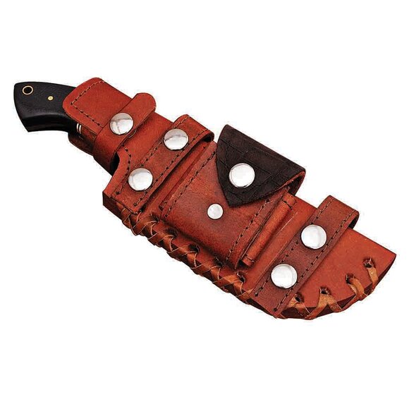 Damascus Kitchen Knife with Rosewood Micarta Handle & Leather Sheath - Picture 5 of 6